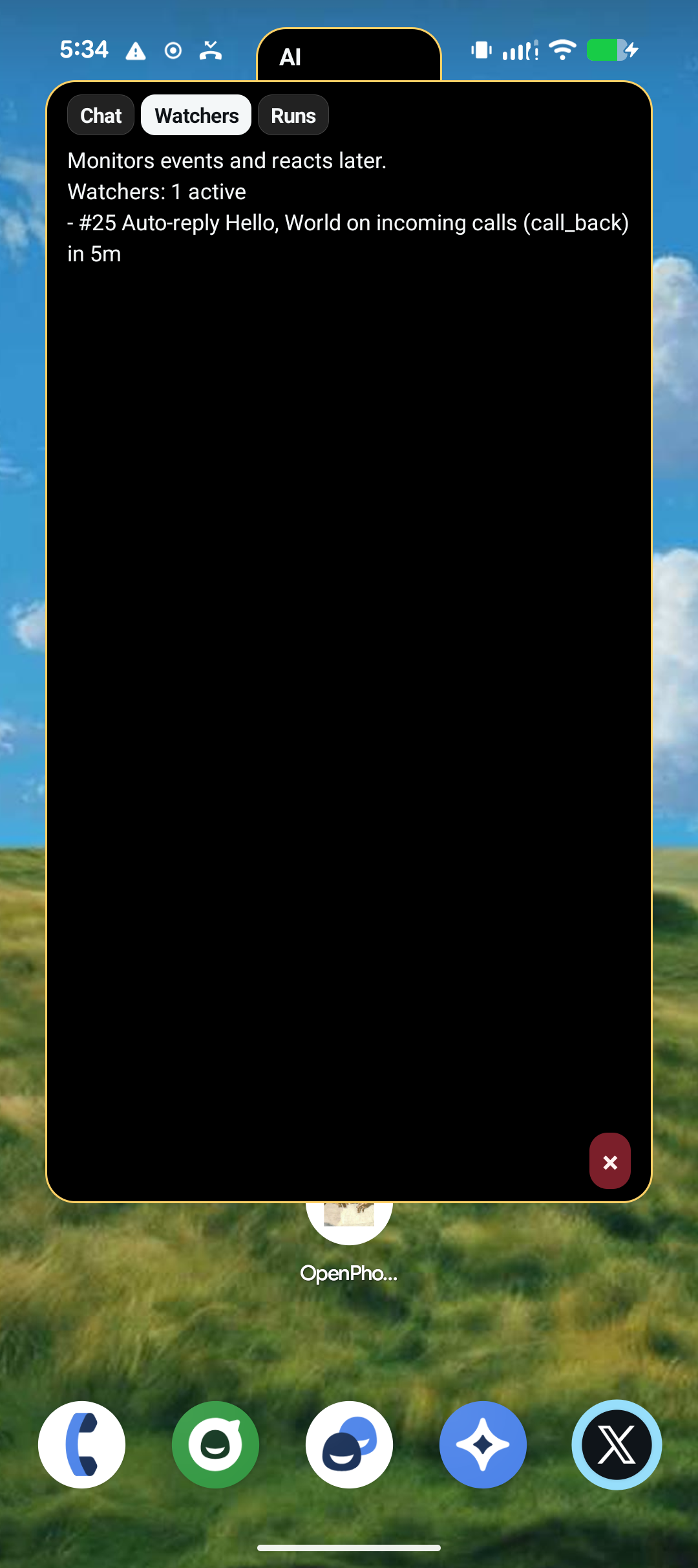 OpenPhone watchers tab showing an active watcher that can react to future phone events.